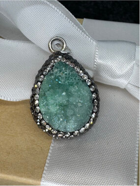 Green Druzy Pendant in Sterling Silver and Austrian Crystals